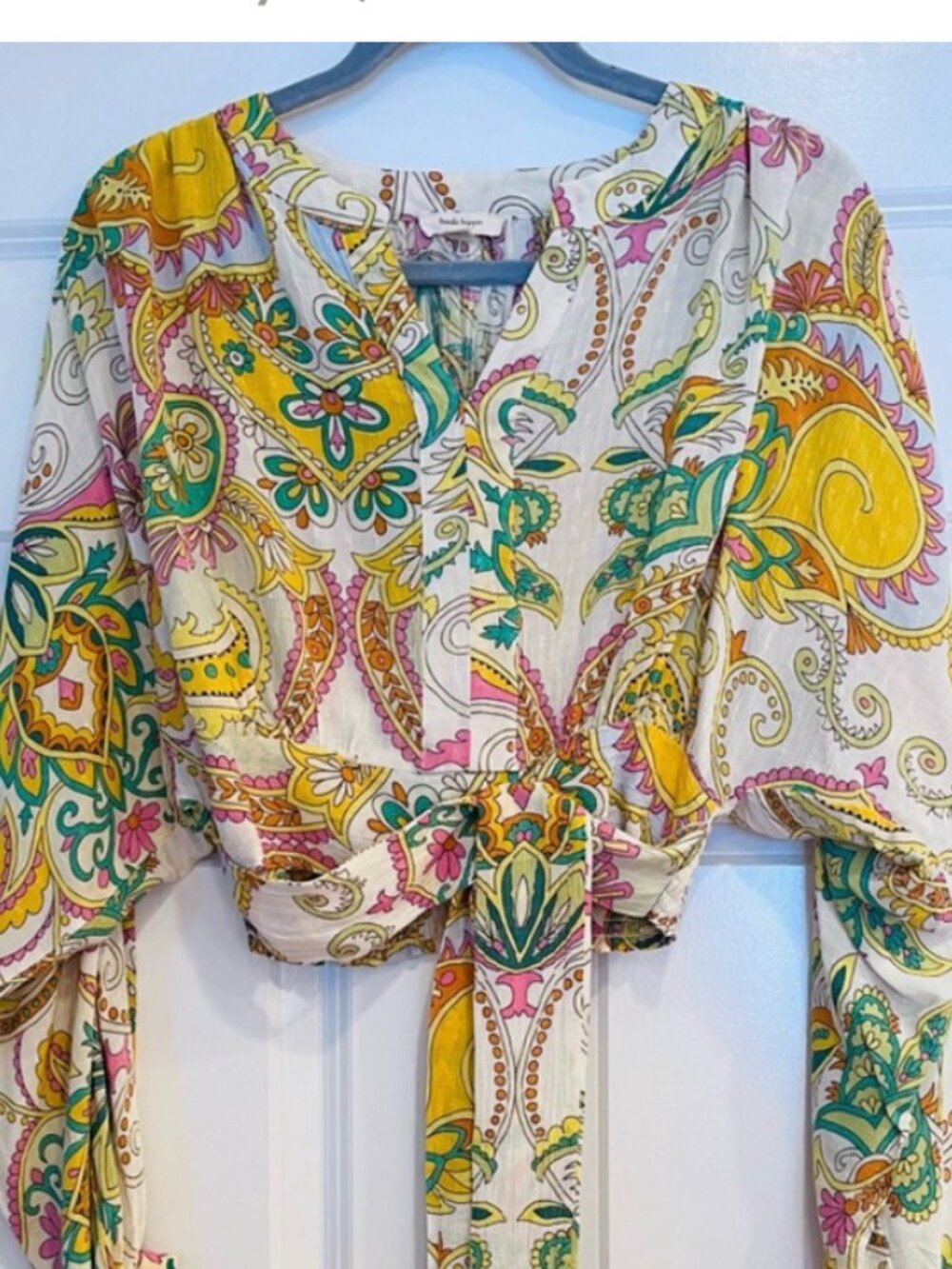 Haute Hippie Cropped Blouse Top Sz Small Paisley Tie Waist Boho Vibrant Tropical